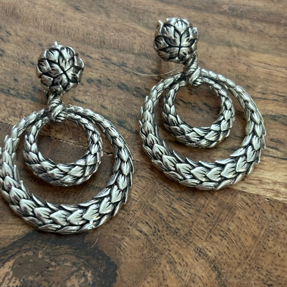 John Hardy Peacock Jai Silver Double Hoop Braided Drop Earrings feather